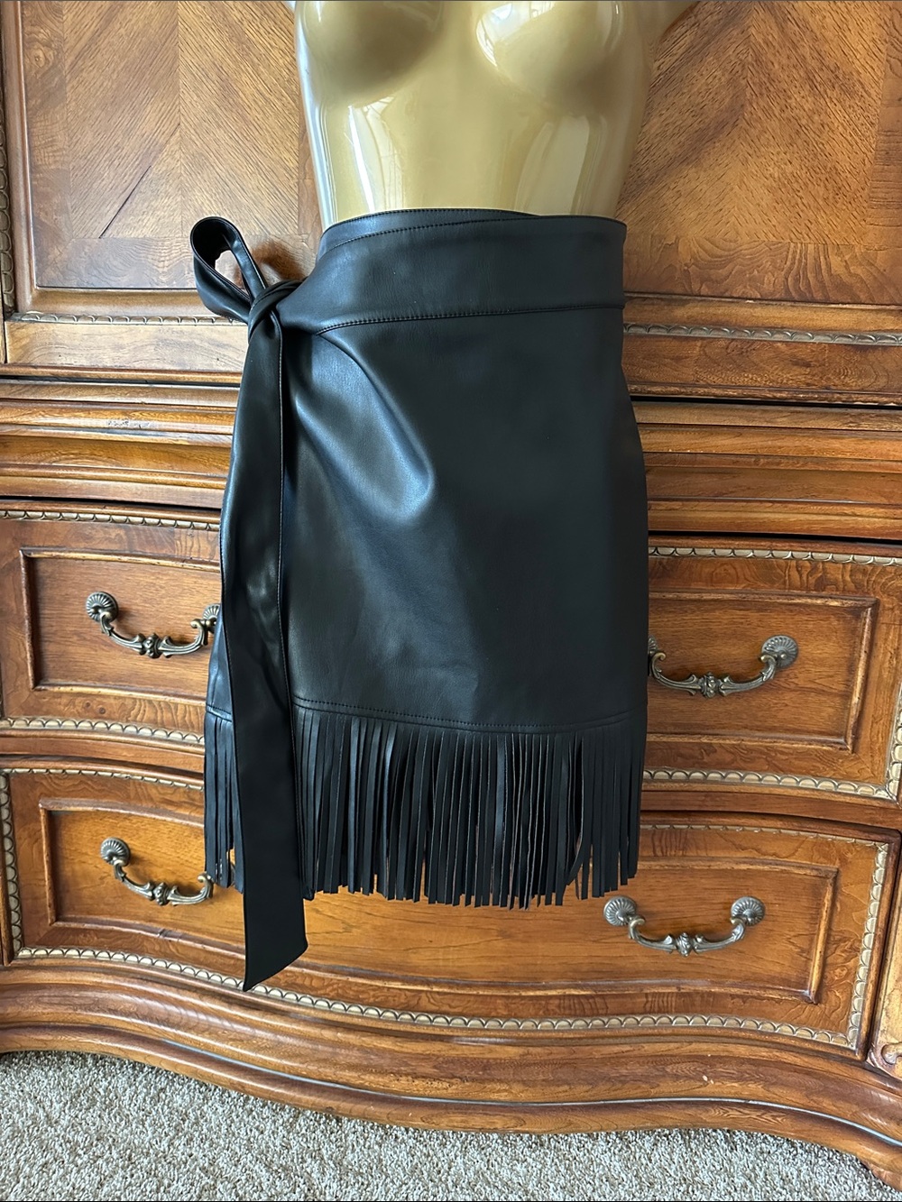 Never Fully Dressed Black Faux Leather Fringe Wrap Mini Skirt